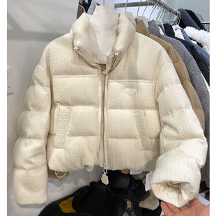 欧洲站潮款立领厚款白鸭绒羽绒服短款针织麻灰洋气厚款面包短羽绒
