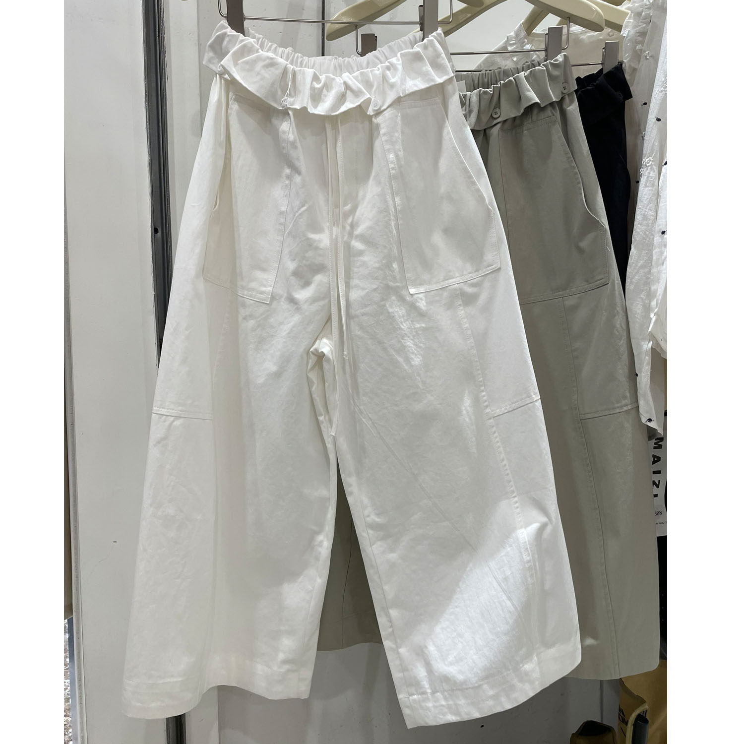 欧洲站春季九分荷叶腰阔腿裤洋气百搭大口袋休闲百搭花苞裤女新款