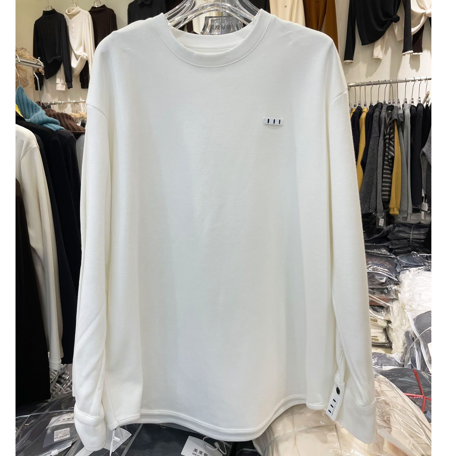 欧洲站冬季中长款白T恤加绒磨毛T
