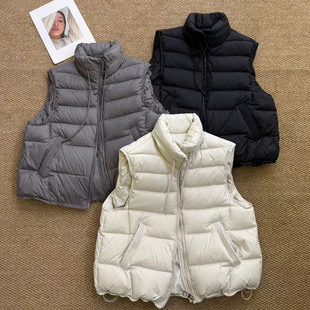 欧洲站新款小立领抽绳白鸭绒羽绒马甲女宽松显瘦厚款百搭羽绒马夹