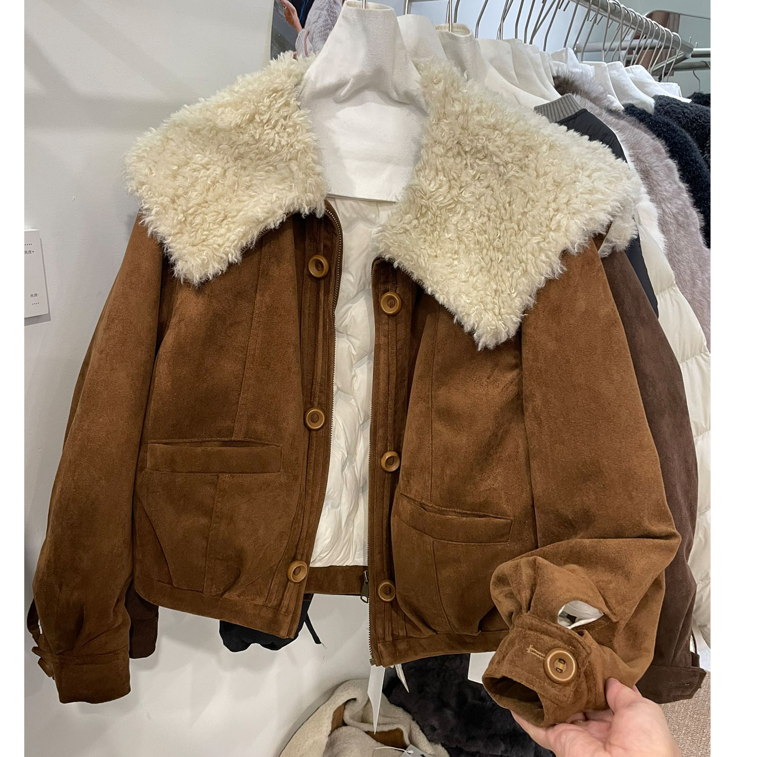 欧洲站冬季潮款白鸭绒羽绒衣羊羔毛大翻领麂皮绒派克羽绒服女厚款