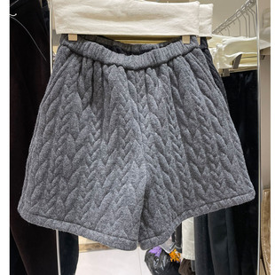 靴裤 女加厚显瘦松紧腰休闲裤 厚 韩系复古麻花高腰五分短裤 冬季