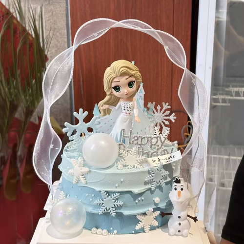 大眼女孩蛋糕装饰摆件白色飘带灯雪花亚克力城堡冰雪公主烘焙插件