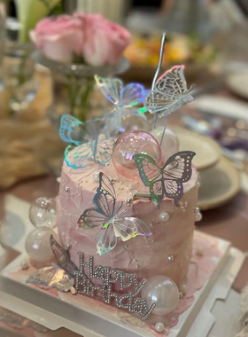 梦幻仙女蝴蝶蛋糕装饰插件幻彩黑紫色蝴蝶女神节珍珠蝴蝶结丝带