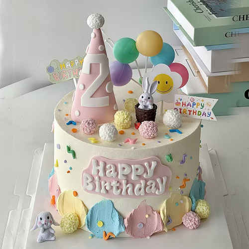 小兔子可爱周岁生日蛋糕装饰插件兔宝宝粉色蓝色毛球波点帽红色