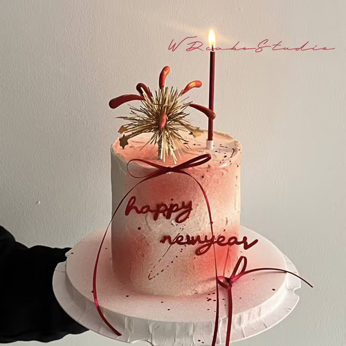 2026新年跨年蛋糕装饰插件绚烂礼花亚克力雨丝新年快乐彩色礼花