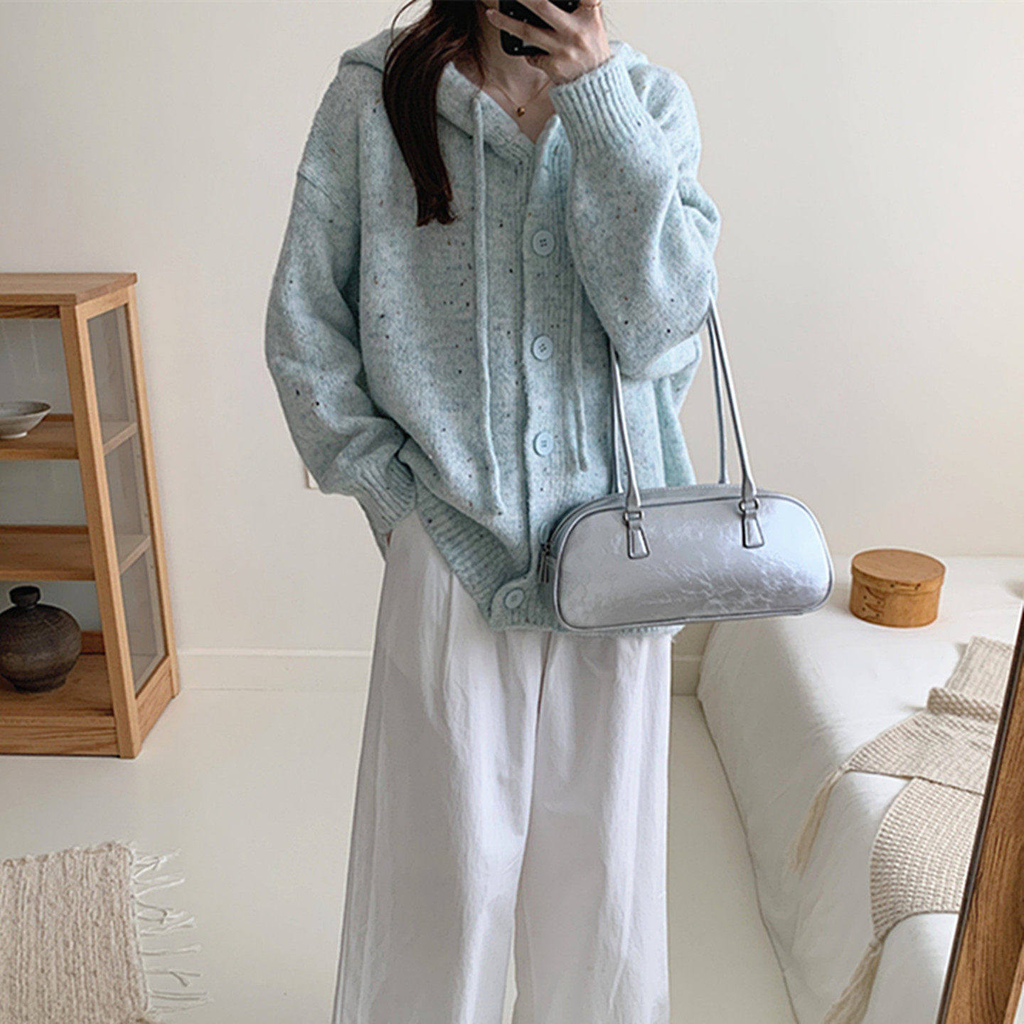 浅蓝色连帽毛衣开衫外套春季加厚点点宽松慵懒风学生针织衫卫衣女