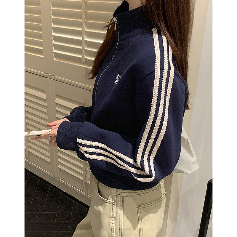 藏蓝色蝴蝶结刺绣卫衣女春季2025新款运动休闲宽松拉链开衫女外套