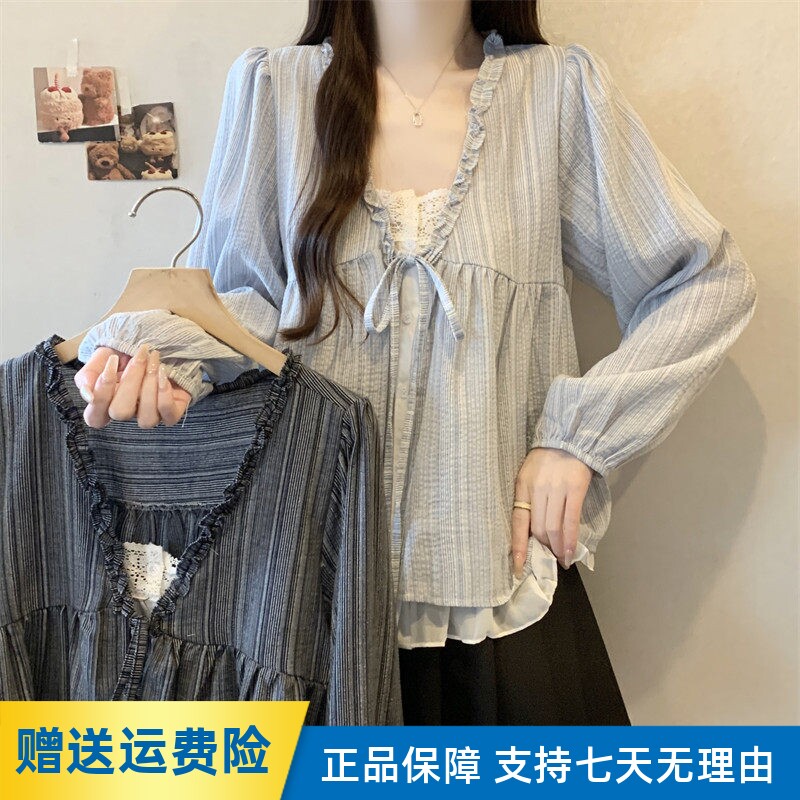 大尺码韩系甜美假两件长袖木耳边上衣女2025秋季宽松显瘦百搭娃娃