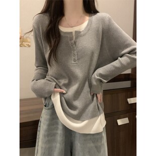 加码妇女的腹部覆盖假两件套针织衫针织衫妇女早春胖女孩宽松苗条