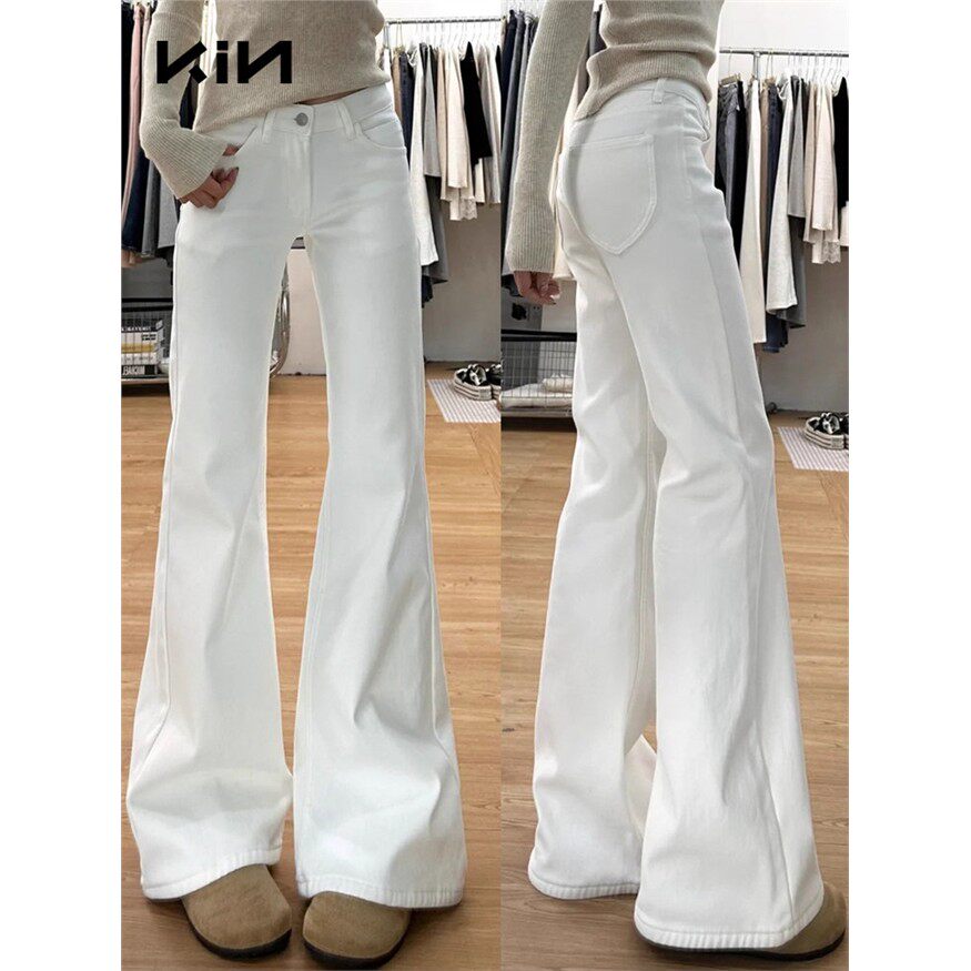 白色微喇牛仔裤女2025新款高腰显瘦宽松不贴腿垂感直筒马蹄喇叭裤