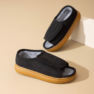 宽松防滑保暖棉拖鞋中老年人布面魔术贴脚宽胖肿术后糖足老人拖鞋