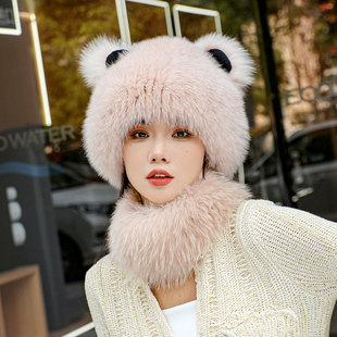 加厚防寒保暖可爱猫耳朵工厂直销 狐狸毛帽子围脖套装 磊璇冬季 新款