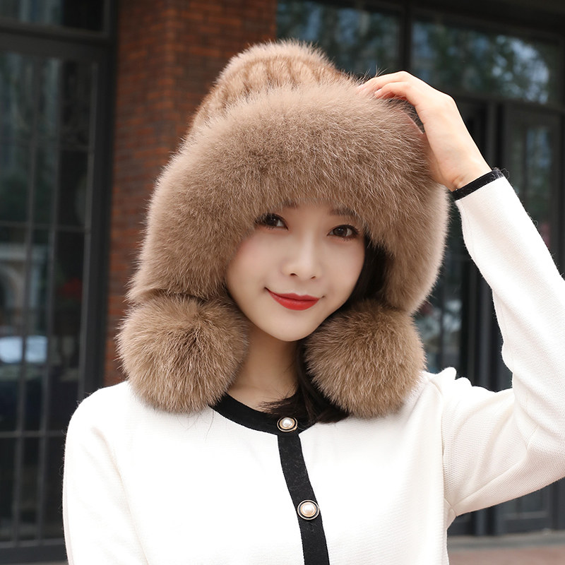 新款貂帽女狐狸毛边球球帽水貂毛编织帽子女冬天保暖护耳皮草帽子