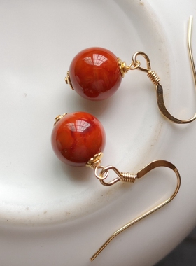 南红玛瑙耳环耳坠圆珠柿子红火焰红凉山南红玛瑙耳饰耳环14K包金