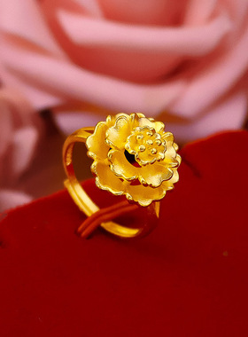 2025铜镀金女款复古花朵戒指越南沙金花朵戒指新娘婚庆富贵花戒指