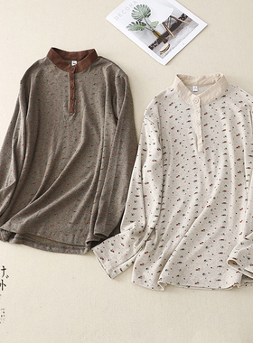 清仓捡漏韩版百搭立领小碎花套头打底T恤衬衫上衣女2024春秋新款