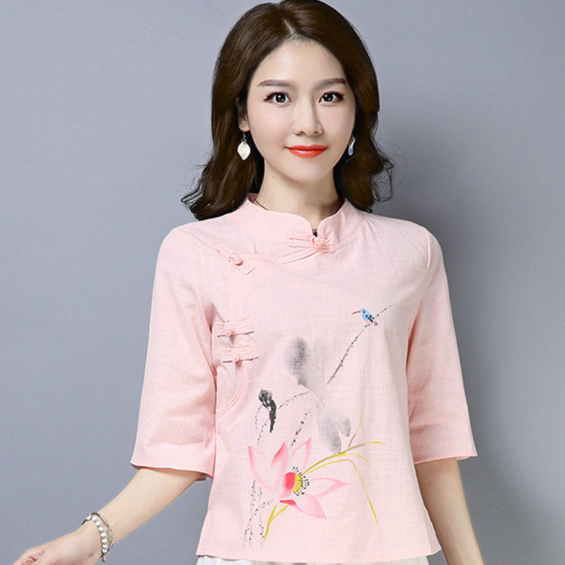 2021春夏新款民族风女装复古中式立领盘扣印花宽松舒适棉麻上衣女在类目 女装/女士精品, 大码女装中 - 来自Buy2taobao.com提供专业的淘宝代购服务