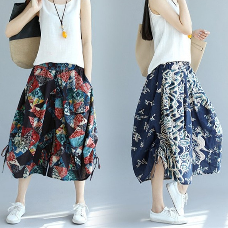 民族风文艺复古松紧腰棉麻七分裤裙裤女夏宽松休闲薄款休闲阔腿裤