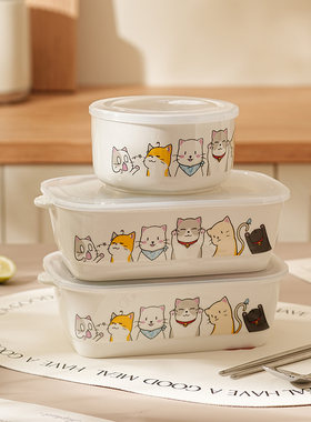 好多猫便当盒带盖便携陶瓷餐具上班族专用分格保鲜饭盒微波炉加热