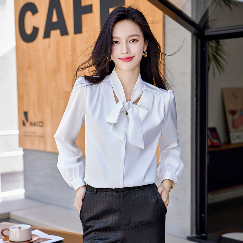 职业衬衫女长袖宽松雪纺白色气质女装衬衣春夏新款显瘦蝴蝶结上衣