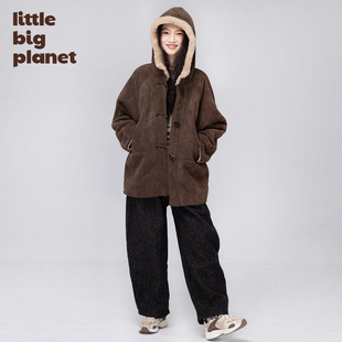 小小大星球童装 牛角扣加厚羊羔毛一体外套 冬季女童麂皮保暖外套