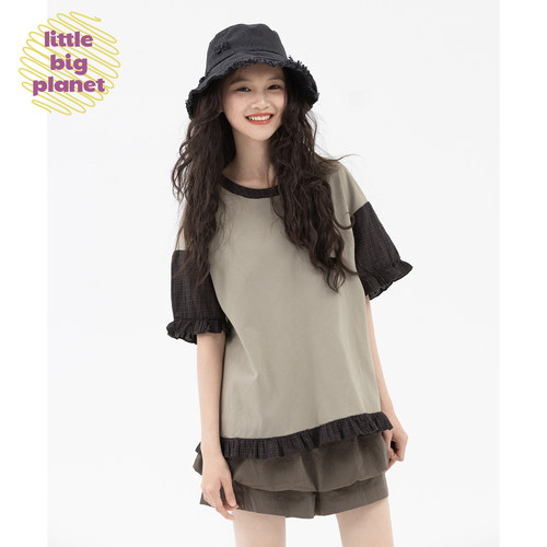 小小大星球谷仓绿格纹拼接短袖