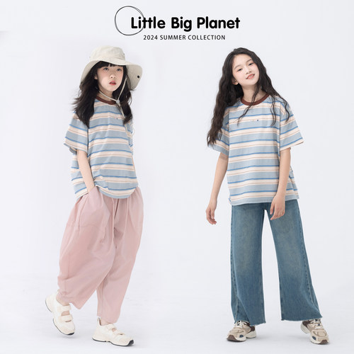 小小大星球云彩条纹刺绣短袖