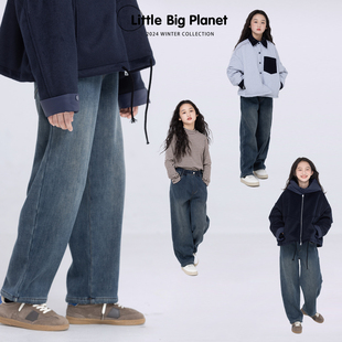 做旧宽松休闲裤 男女童冬季 泳池蓝复古加绒牛仔裤 小小大星球童装