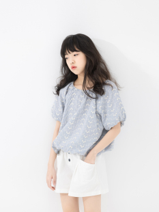 小小大星球童装 夏日女童甜美花苞上衣 刺绣小花娃娃衫 小清新短袖