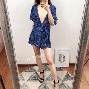 2021夏季新款女装大深V领休闲系带收腰款小波点小众短袖连体短裤