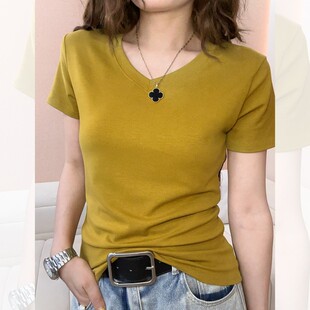 新品 休闲宽松半袖 短袖 时尚 洋气漂亮上衣 韩版 欧货V领白色T恤女夏季