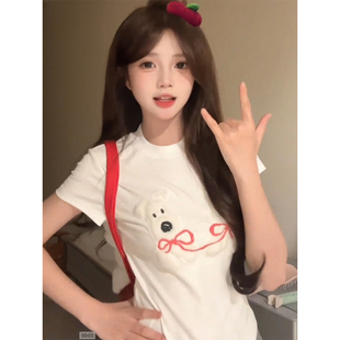 显瘦短款 可爱贴布刺绣小狗短袖 正肩修身 夏季 上衣 t恤女2026年新款