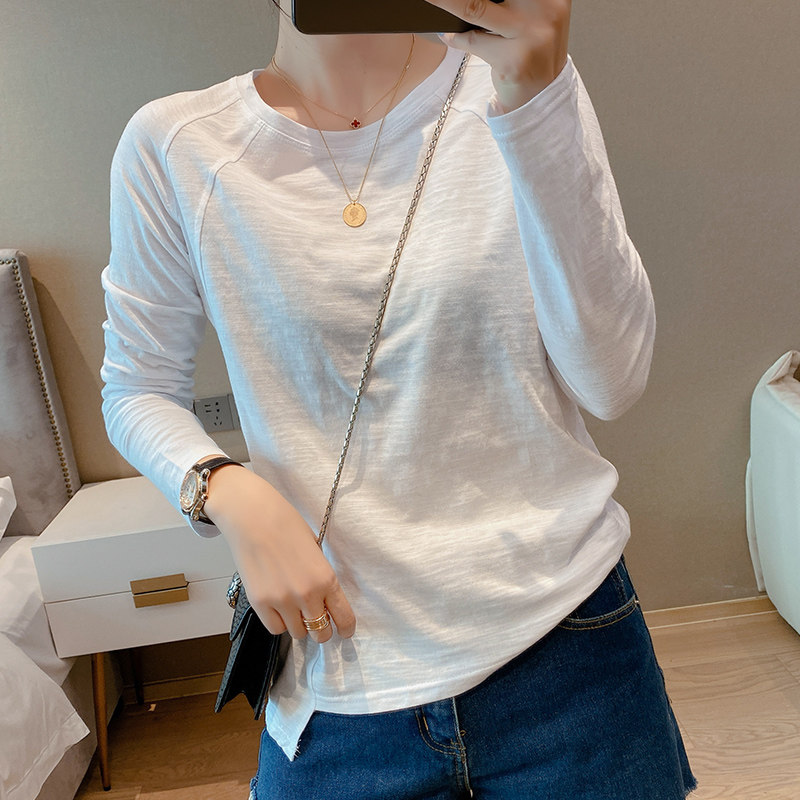 2025年春秋新款洋气上衣白色竹节纯棉麻长袖t恤女宽松内搭打底衫