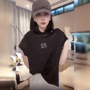 圆领体恤修身 新款 显瘦正肩上衣潮 T恤女2026夏季 天丝亚麻细闪短袖