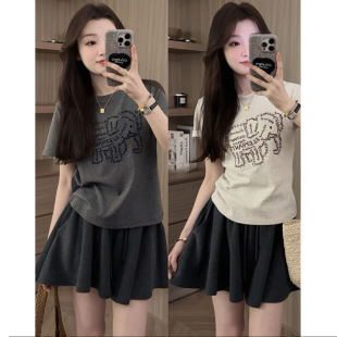 设计感宽松正肩圆领体恤上衣 T恤女夏季 韩版 简约大象字母刺绣短袖