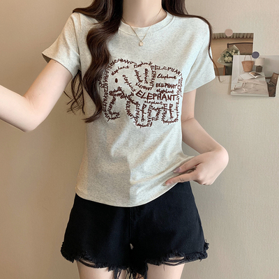 小象刺绣减龄圆领短袖T恤女夏