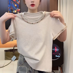 时尚 修身 高级设计感钉珠短袖 新款 显瘦小个子上衣潮 T恤女夏季 韩版