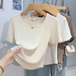 T恤女修身 低方领露锁骨纯色短袖 螺纹棉显瘦正肩上衣 新款 2026夏装
