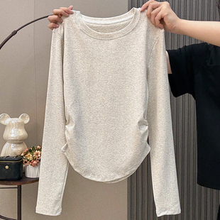 显瘦打底衫 上衣修身 秋收腰设计感褶皱短款 纯色正肩圆领t恤女长袖