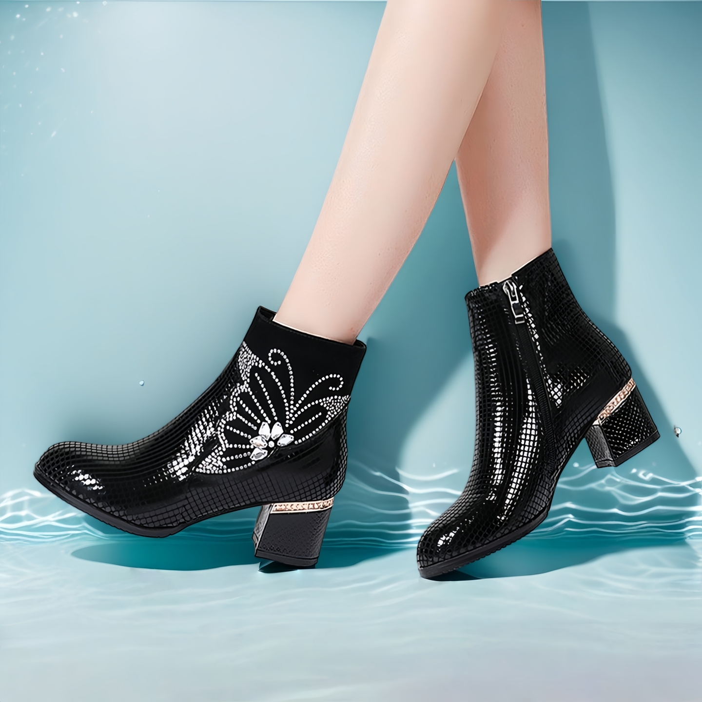 中跟短靴时尚水钻漆皮大码