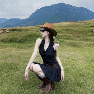 旅游穿搭无袖挂脖吊带连衣裙女夏季新疆大草原川西大西北旅行裙子