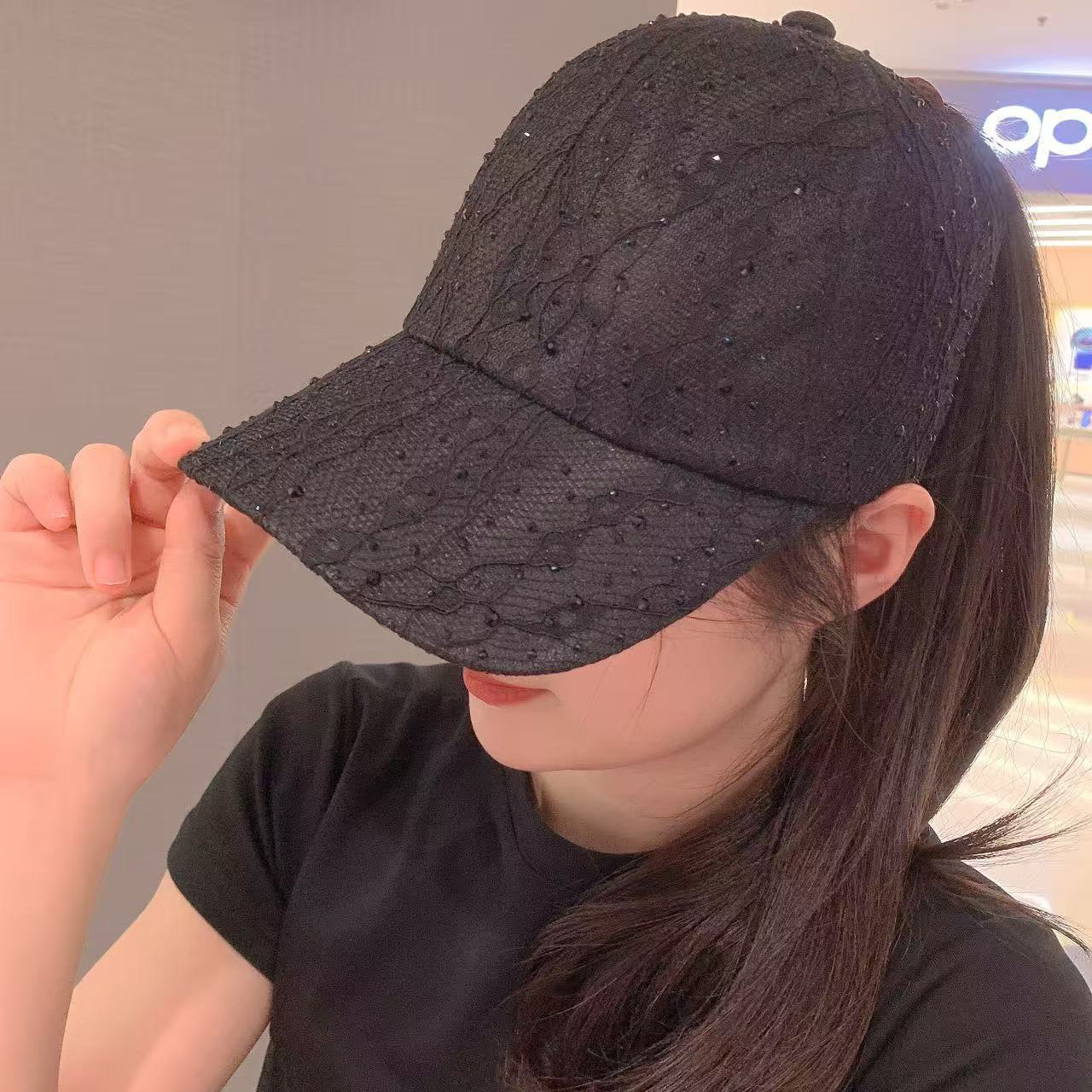 韩版水钻蕾丝棒球帽子女款夏季薄款透气遮阳防晒帽户外运动鸭舌帽