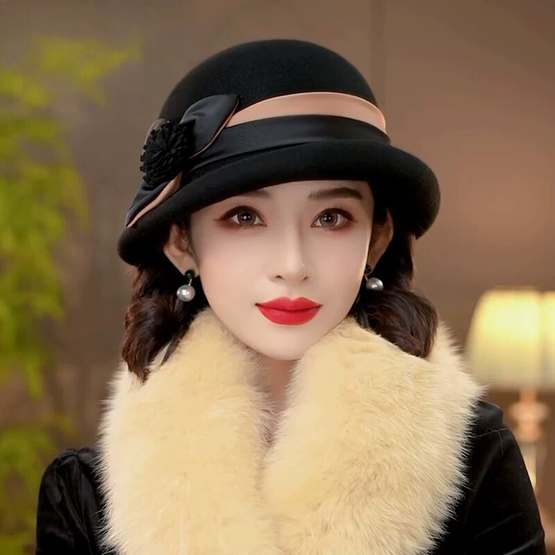 英伦羊毛呢蝴蝶结保暖盆帽女秋冬