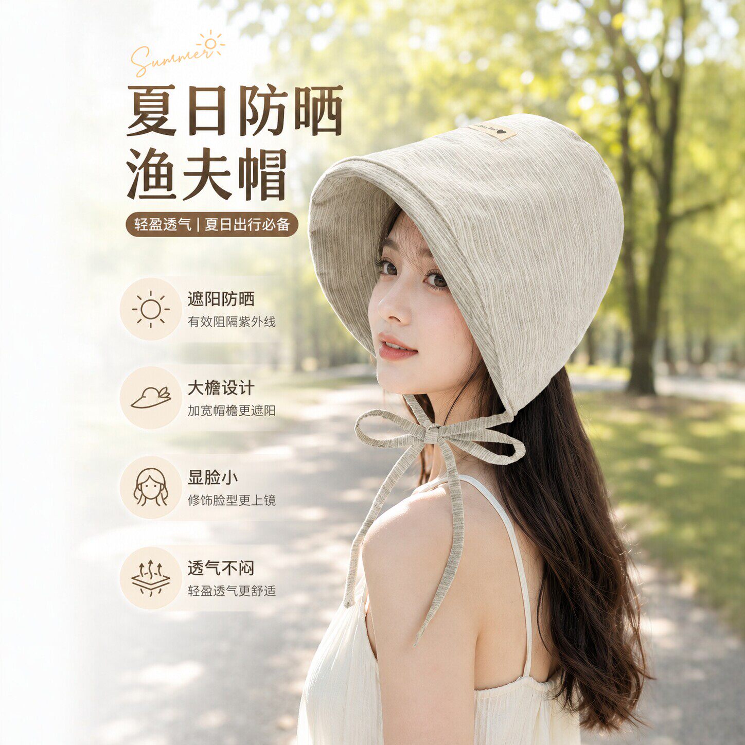夏季细条纹飘带防晒显脸小渔夫帽