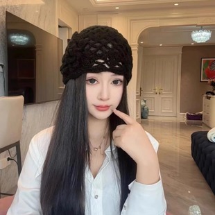 夏季薄款镂空针织包头帽子女日系百搭大头围堆堆帽编织花朵毛线帽