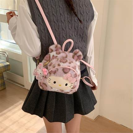 HelloKitty毛绒双肩包包女2025秋冬新款可爱小背包凯蒂猫少女书包