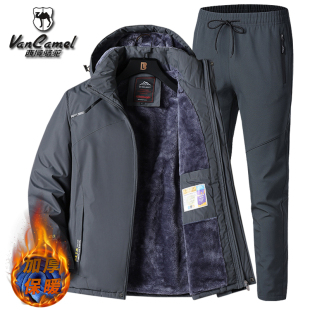 西域骆驼户外冲锋外套男套装秋冬款外套男棉衣加绒加厚防风衣裤