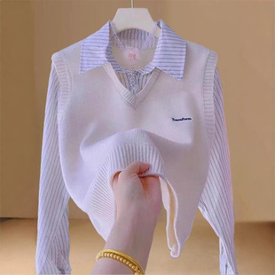 2025春秋季新款女士针织马甲拼接衬衫设计感叠穿高级假两件套衬衣