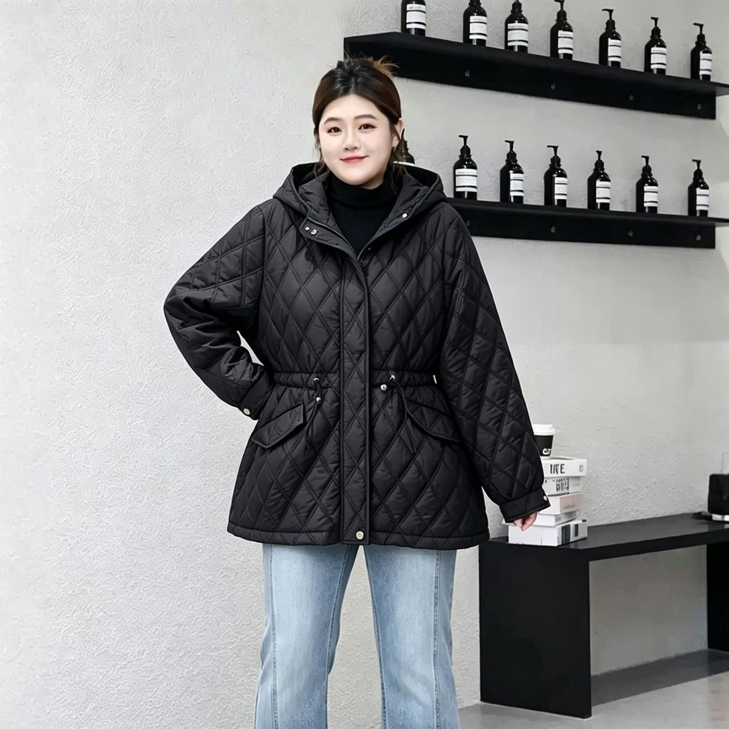 冬季加厚保暖连帽收腰大码女棉服